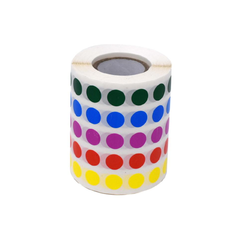 Globe Scientific Label Rolls, Cryo, 9.5mm Dots, for 0.5-1.5mL Tubes, Assorted Colors (1000 dots in blue, green, violet, red and yellow) 